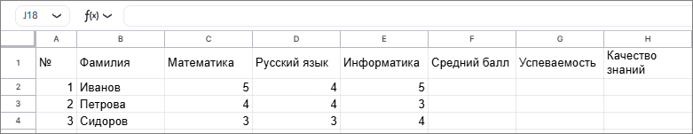 Пример заполнения данными