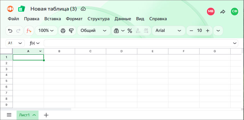 Пустая электронная таблица