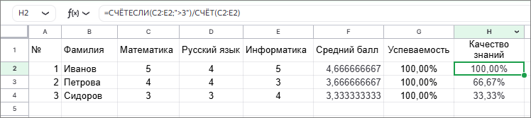 расчет качество знаний